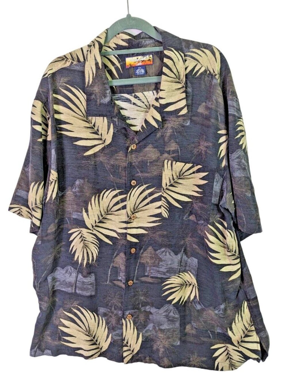 Havana Jacks Cafe Men size XXL Button Front Tropical Beach Shirt Black Tan Silk